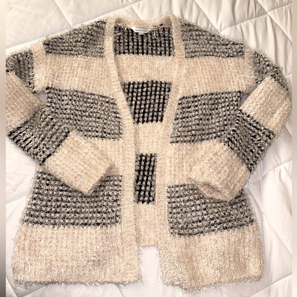 Charming Charlie Striped Eyelash Fuzzy Open Cardigan Color Block Cream and Black - Picture 3 of 10